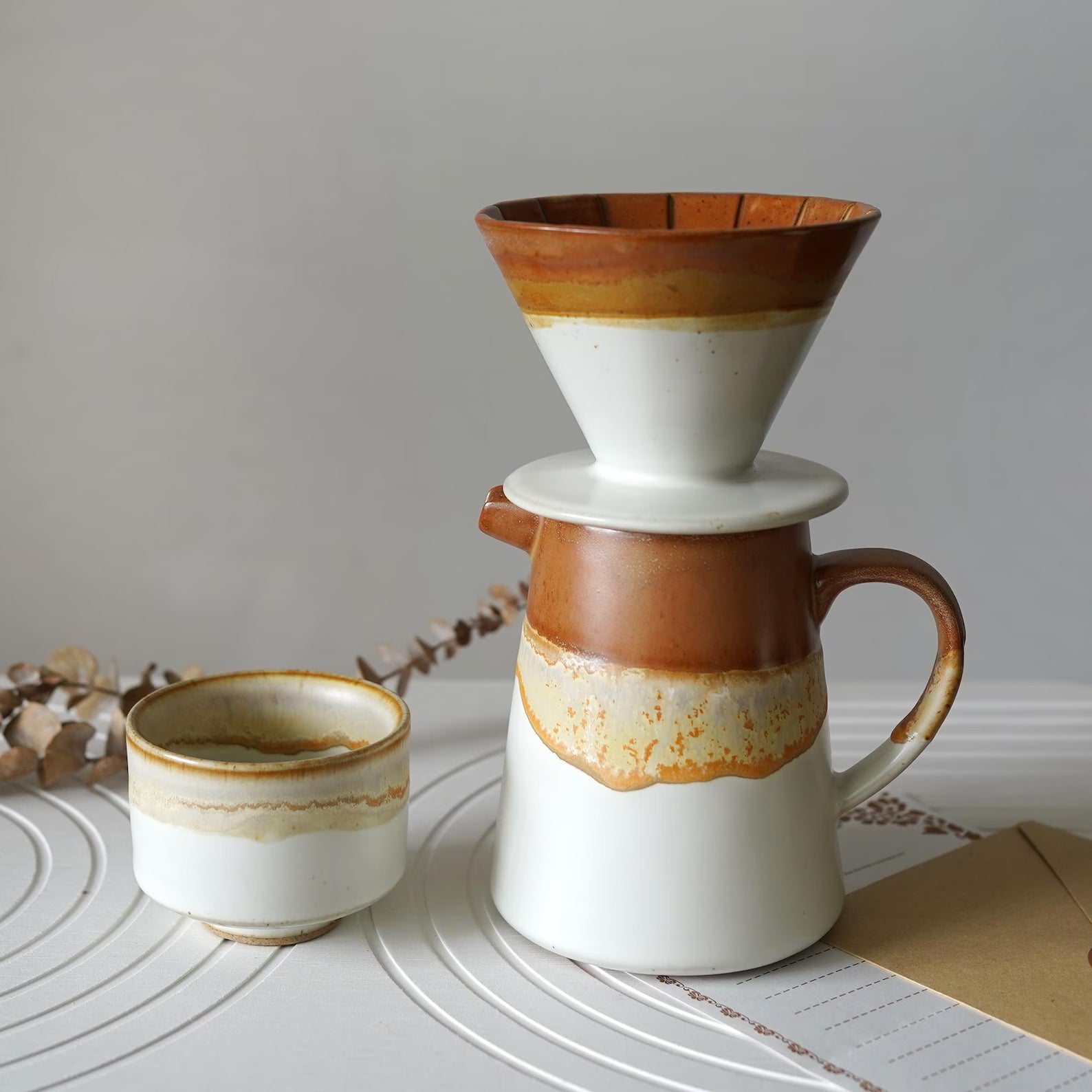Ceramic Coffee dripper,Jug,White Ceramic Pour Over Coffee Server with Dripper ,Pour Over Coffee Maker /two tumblers,Coffee Dripper Gift Set