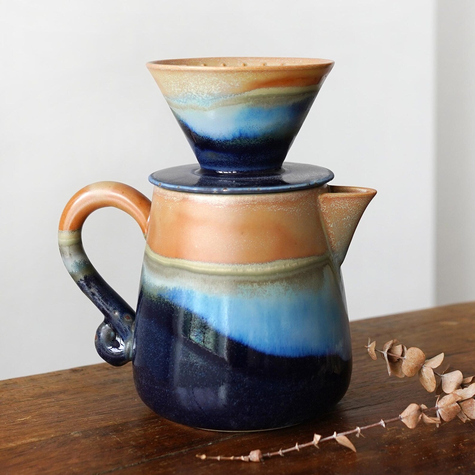 Large 31oz / Family Size Dripper with Jug,Blue Ceramic Pour Over ,Pour Over Coffee Maker Set,Gift for Coffee Lovers,Christmas gift